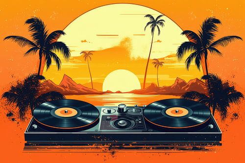 Record players music at a tropical landscape island
