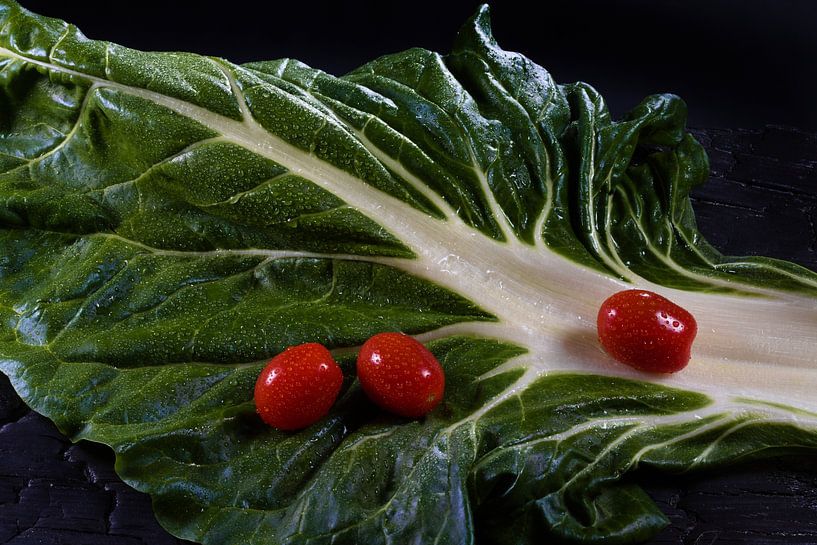Ein Blatt Mangold mit Tomate von Winne Köhn