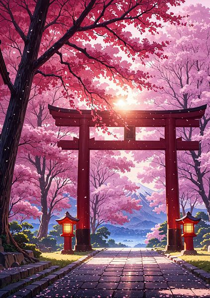 Porte Torii Fleur de cerisier Sakura Mont Fuji Japon par Ruzerin