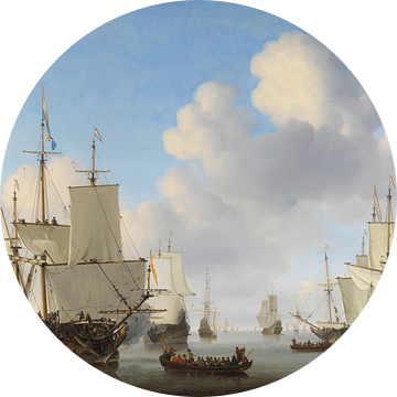 Zee schilderij: Hollandse schepen op een kalme zee, Willem van de Velde (II), ca. 1665 