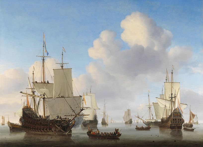 Zee schilderij: Hollandse schepen op een kalme zee, Willem van de Velde (II), ca. 1665  van Schilderijen Nu