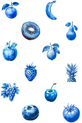 poster van verschillende fruitsoorten in Delfts blauwe kleur