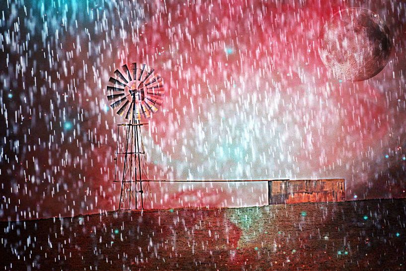 Wind turbine water pump in the rain mixed media by Werner Lehmann