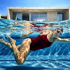 Onderwaterzwemmer met moderne architectuur van Jan Keteleer