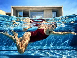 Unterwasserschwimmer mit moderner Architektur