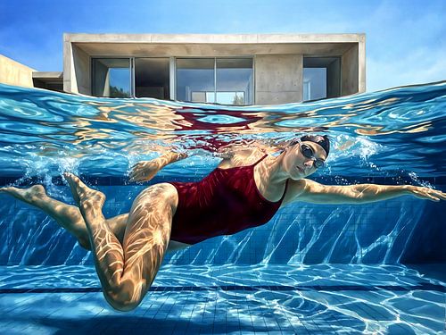 Onderwaterzwemmer met moderne architectuur