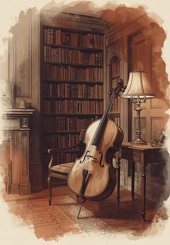 Nostalgische cello in een vintage bibliotheek