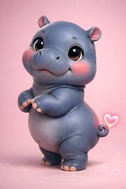 Illustration numérique fantaisiste représentant un bébé hippopotame à la queue en forme de cœur rose sur Faheem Beigh