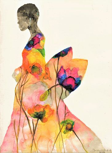 Portant ma robe d'été. Aquarelle peinte à la main. sur Ineke de Rijk