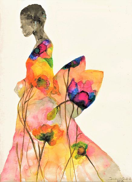 Wearing my Summer dress. Watercolour hand-painted. by Ineke de Rijk