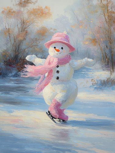 Bonhomme de neige joyeux sur des patins portant des vêtements d'hiver roses dans un paysage hivernal de conte de fées