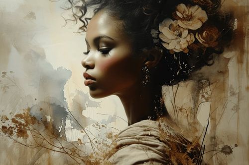 Modern en abstract portret in aardetinten en goud.