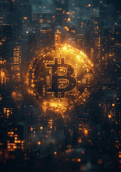 Futuristisch Bitcoin-stadslandschap in gloeiend digitaal licht van Lufy