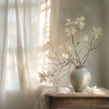 Nature morte, branche de magnolia sur vase devant une fenêtre sur Caroline Guerain
