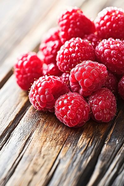Fresh raspberries on a wooden background by Poster Art Shop