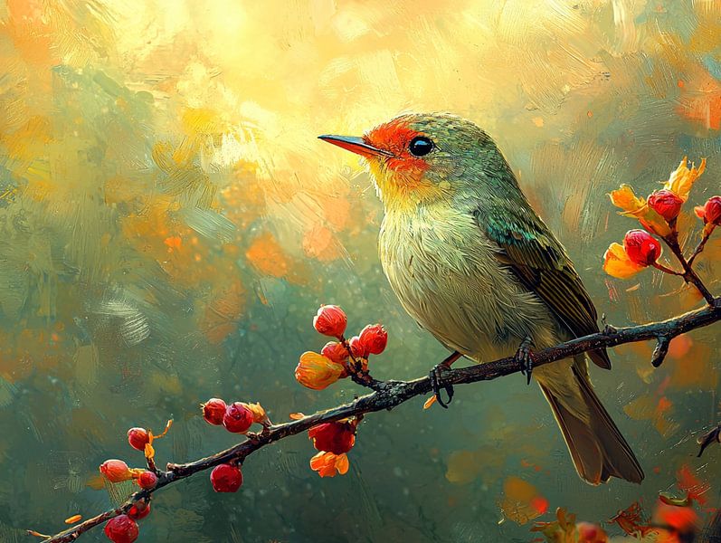 Vogel auf Ast mit roten Beeren von Bianca Bakkenist