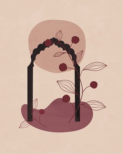 Minimalistisch landschap met een poortboog in rood en beige