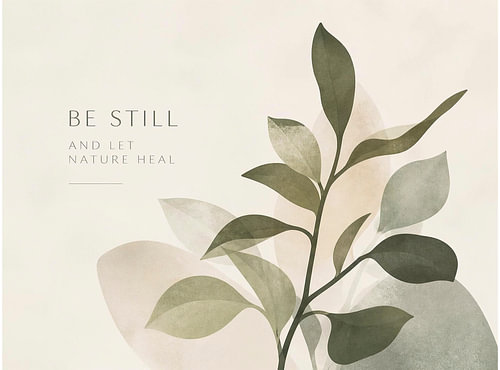 Botanische illustratie met het opschrift: „BE STILL AND LET NATURE HEAL“