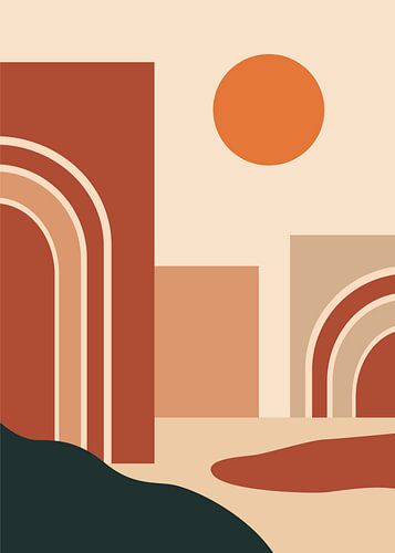Affiche vectorielle représentant un paysage abstrait minimaliste, avec des arcs géométriques, des tons chauds et terreux, et un soleil levant éclatant.