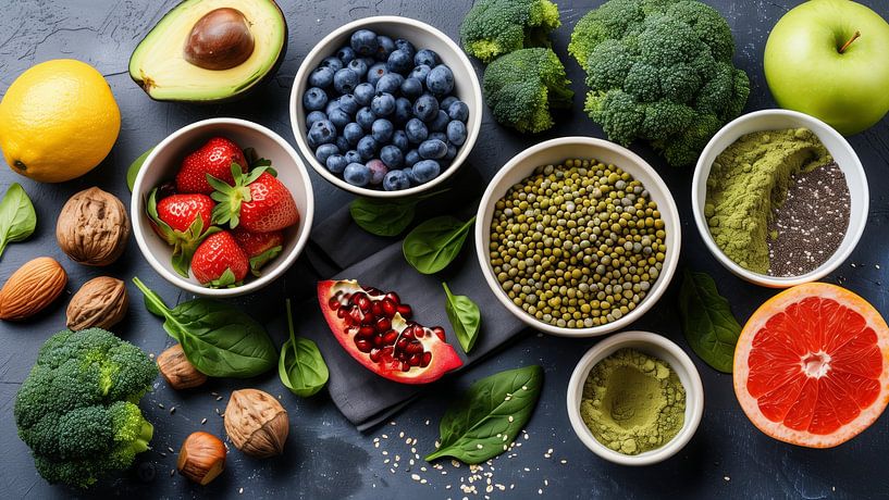 Healthy food clean eating selection: fruit, vegetable, seeds, superfood, cereals, leaf vegetable on gray  copy space von de-nue-pic