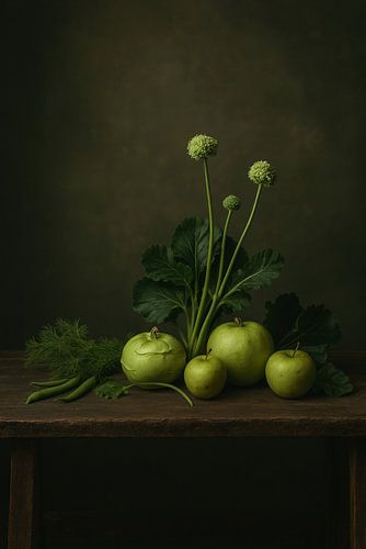 Groene Stilte II – Appels, koolrabi en bloemstelen in klassieke opstelling