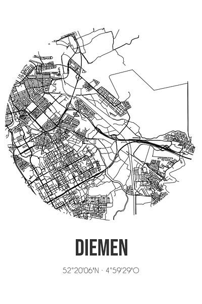 Diemen (Noord-Holland) | Map | Black and white by Prints of Place