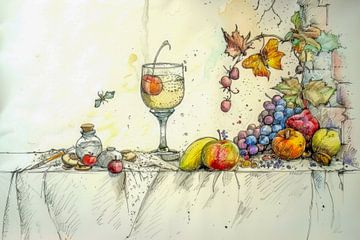 Tekening, stilleven, wijn, feest -3 van Peter Pen Tekeningen en Aquarel schilderijen