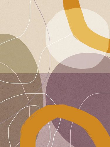 Abstracte Geometrische Organische Vormen en Lijnen in Paars, Geel, Beige.