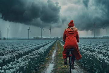 vrouw fietst door tulpenveld van Egon Zitter