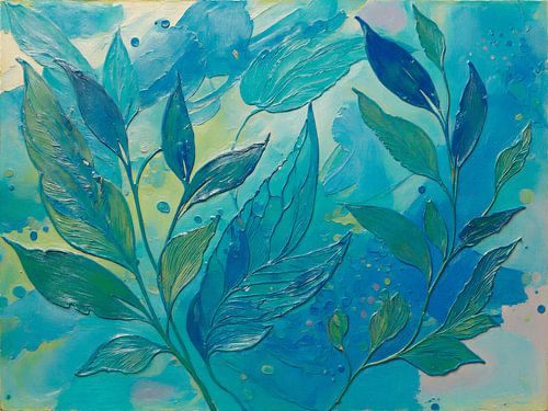 Modern abstract botanical leaves in soothing shades of blue and green