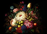 Stilleven schilderij: Victoriaans bloemstuk met bloemen en fruit