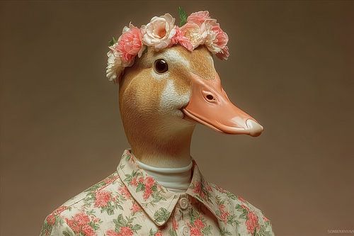 surrealistisch portret eend met bloementooi