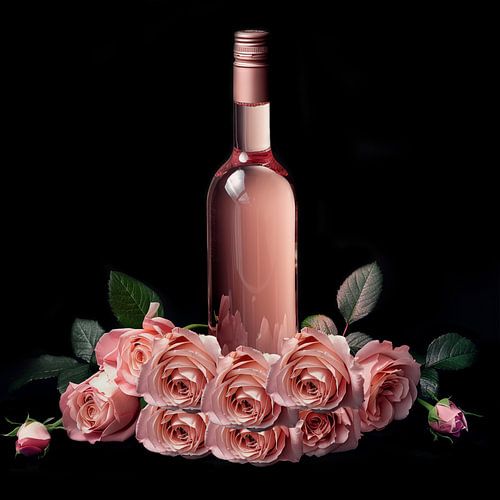 Fles rosé met roze rozen