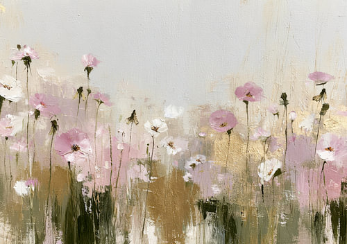 An abstract wildflower meadow in shades of pastel pink and gold