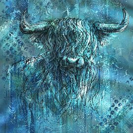 Modern kunstwerk - kop van hooglander in parelmoer kleur van Emiel de Lange