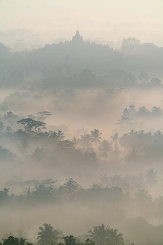 Borobudur in de ochtend mist (vertikaal)