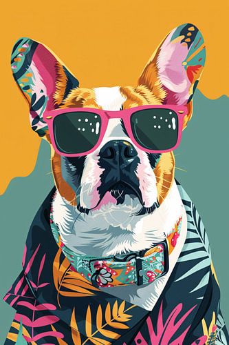 Bouledogue français avec lunettes de soleil et chemise hawaïenne