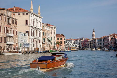 Speedboat on big canal in center of old town Venice, Italy