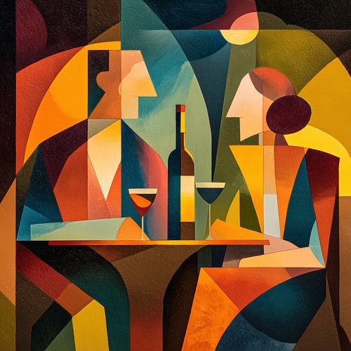 Woman and man drinking wine: Cubism by TheXclusive Art