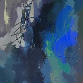 Moderne abstrakte farbenfrohe Malerei in Neonblau, Grün, Schwarz und Grau von Dina Dankers