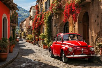 Roter alter Oldtimer in einer italienischen Straße mit Blumen von Animaflora PicsStock