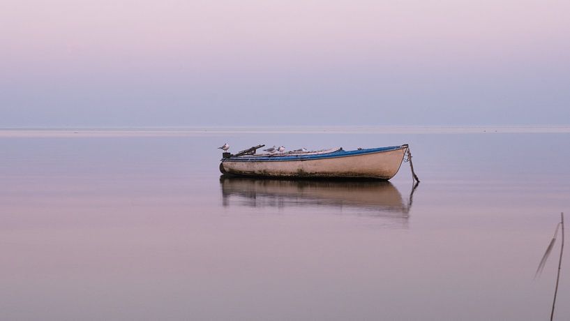 Eine romantische Aussicht: ein Boot auf dem See bei einem wunderschönen Sonnenuntergang von Ralph Rozema