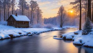 Vieille cabane dans la forêt hivernale