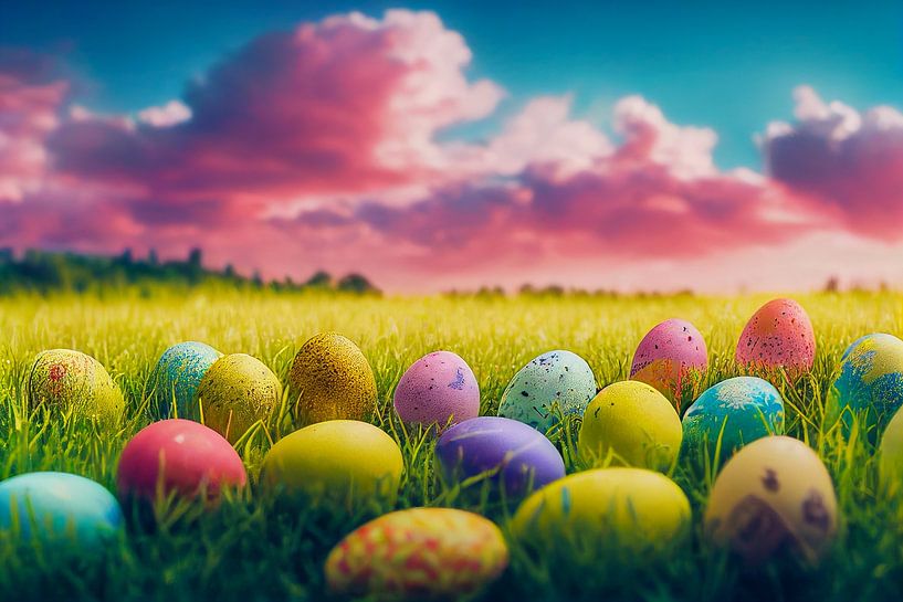 Oeufs de Pâques dans l'herbe avec soleil, illustration par Animaflora PicsStock