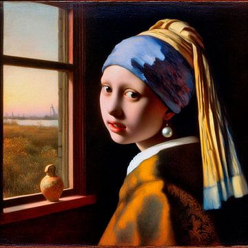 Meisje met de parel voor het raam. Popart van Ineke de Rijk