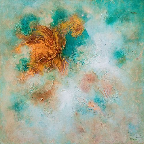Abstract in Turquoise en Geel van Maria Meester