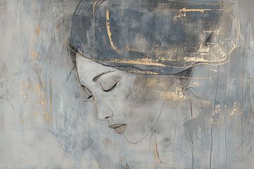 Elegantes abstraktes Porträt in Blau, Grau und Gold von Japandi Art Studio
