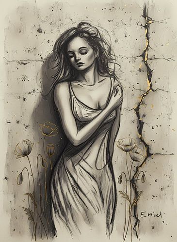 Vrouw bij muur met klaprozen