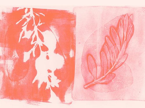 Minimalistische, abstracte botanische kunst in roze en oranje. Bladeren