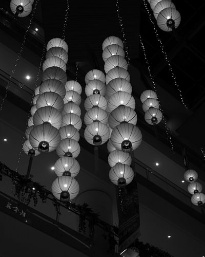 Hanging Chinese Lanterns Low Angle Black and White View